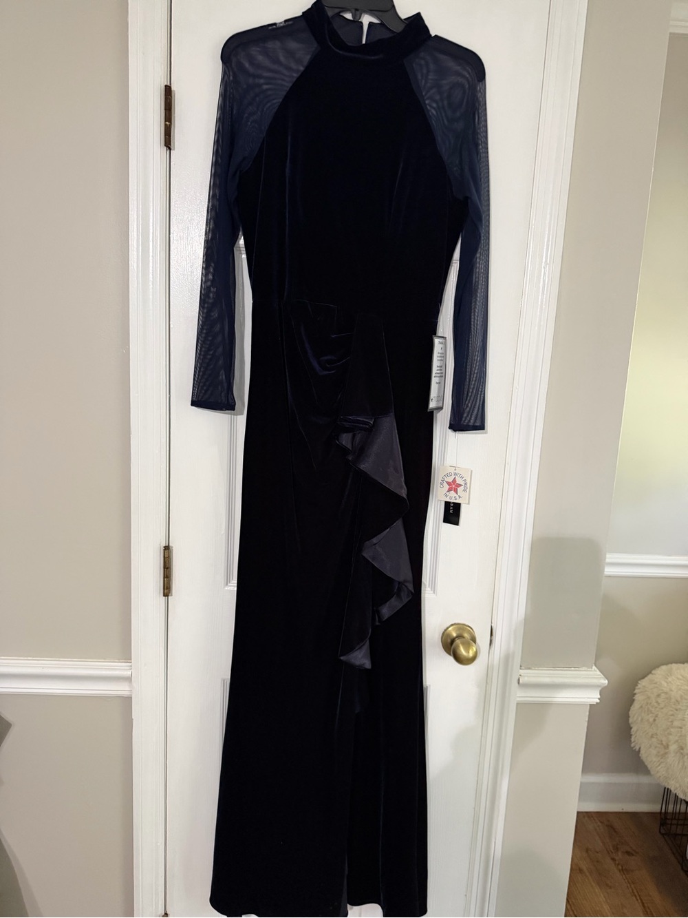 Midnight Velvet Long-Sleeve Ruffle Gown